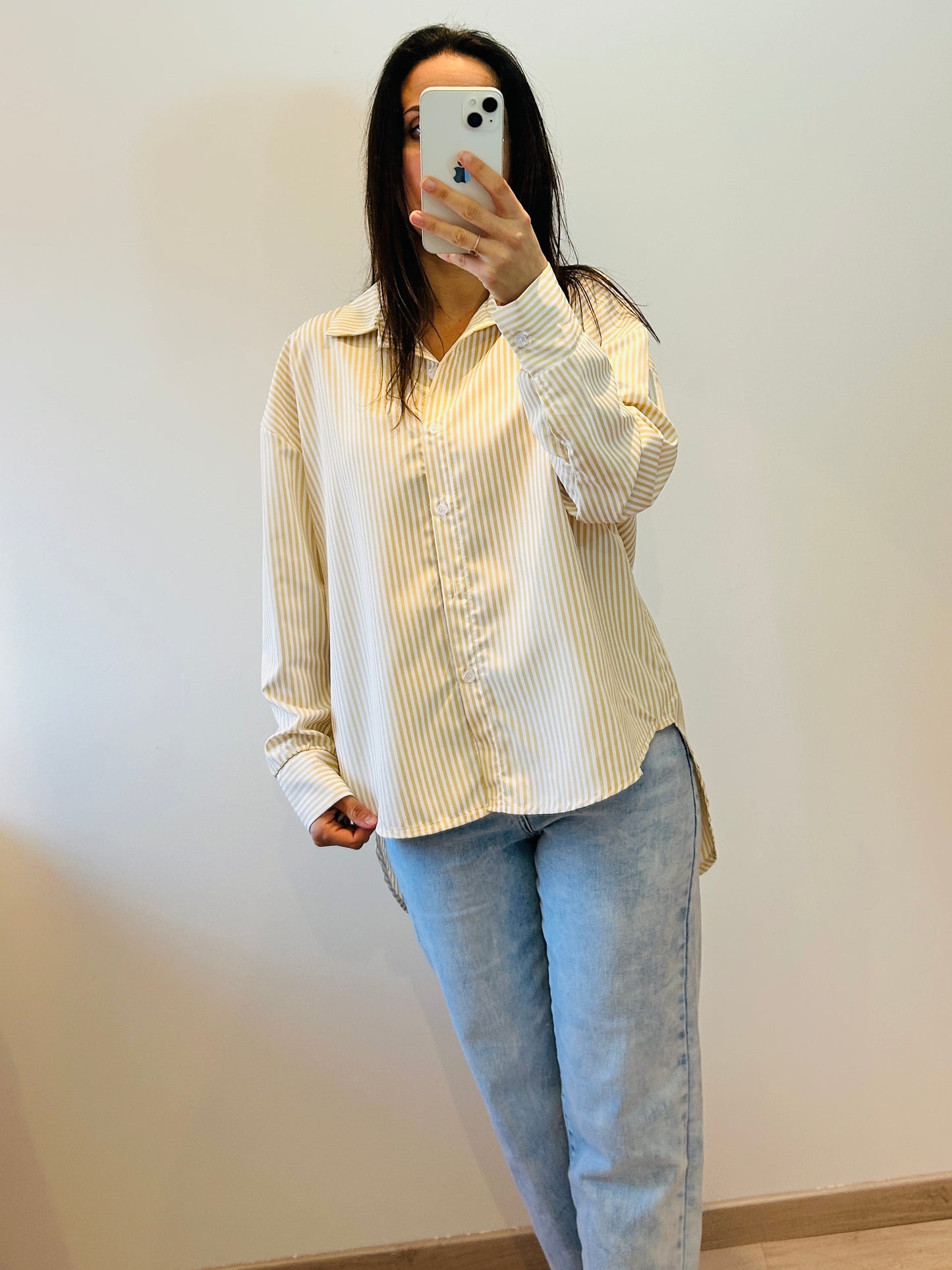 Oversized striped blouse with bow on the back beige