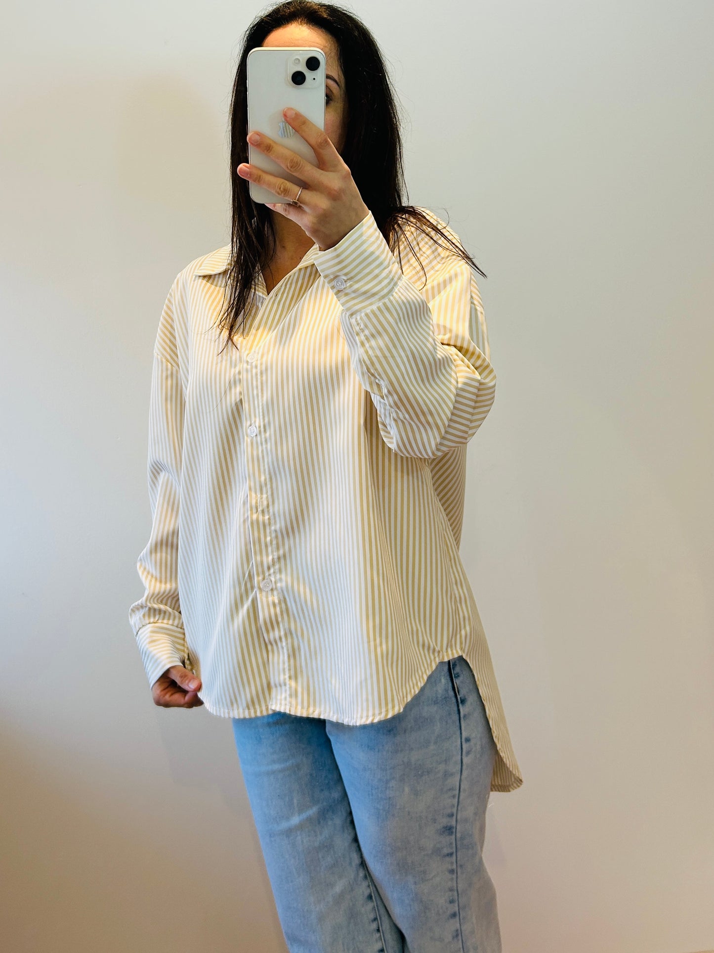 Oversized striped blouse with bow on the back beige