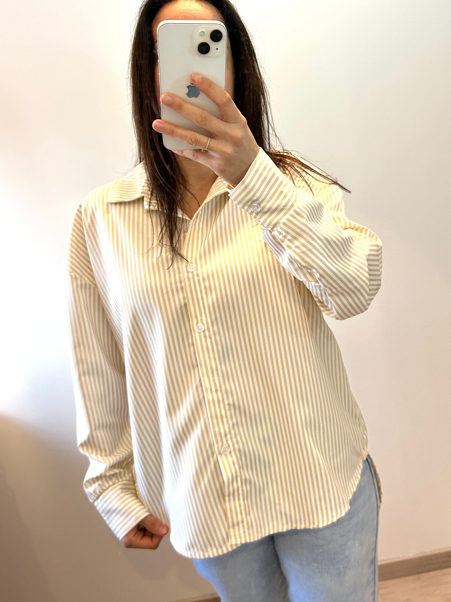 Oversized striped blouse with bow on the back beige