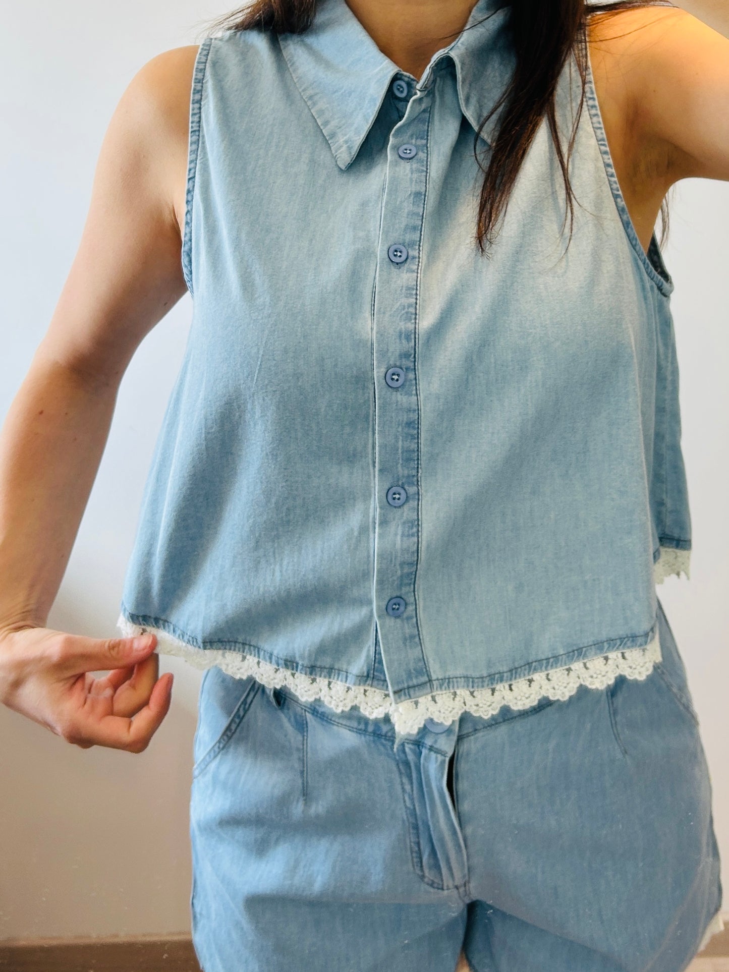 Denim shirt sleeveless with lace detail