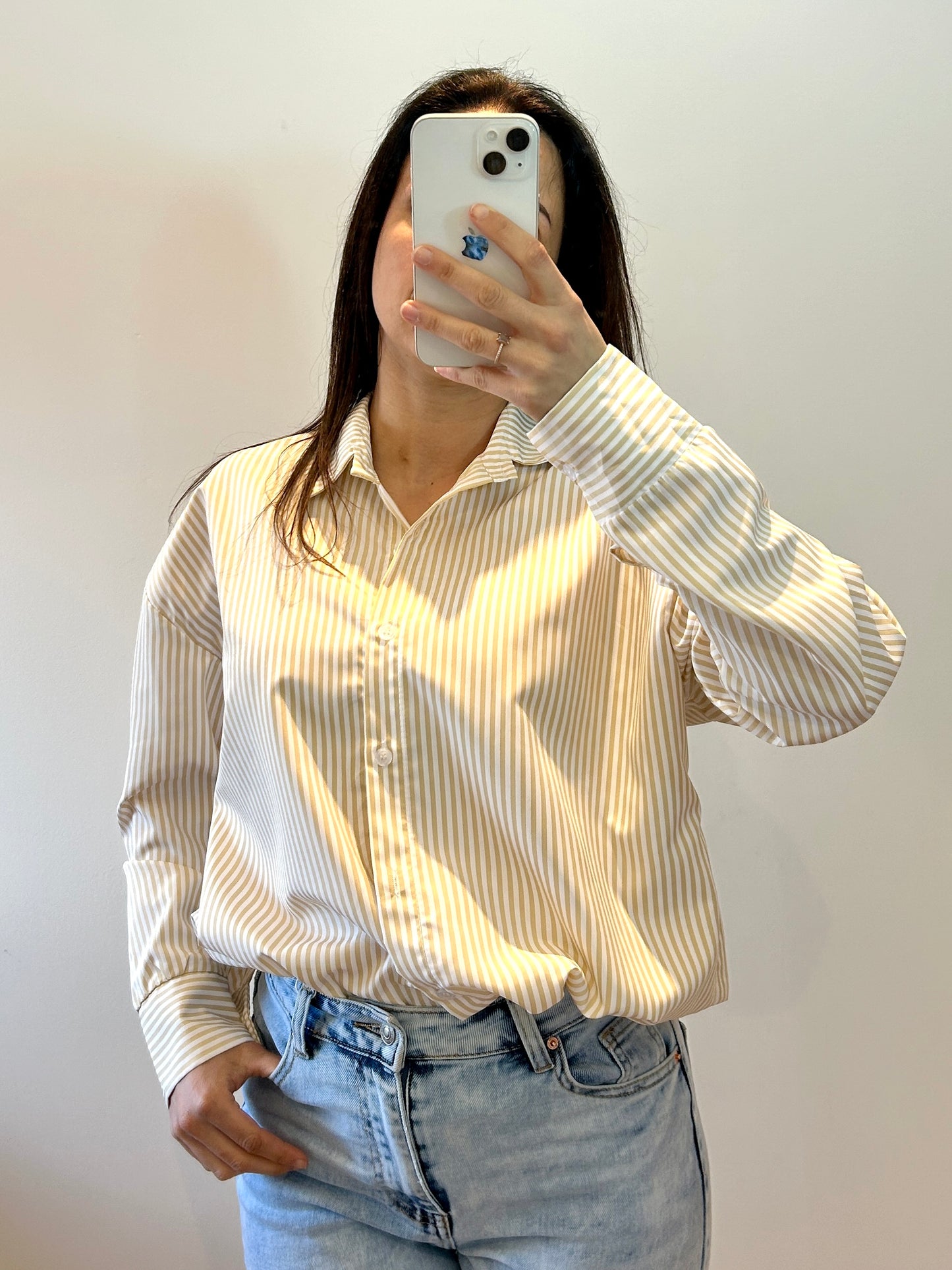 Oversized striped blouse with bow on the back beige