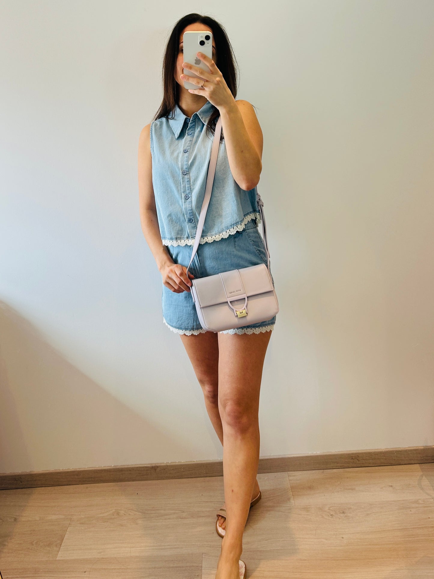Denim short with lace detail