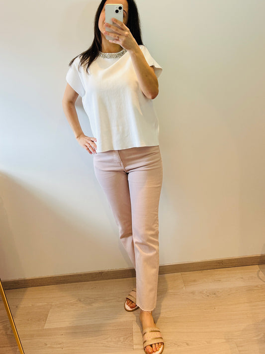 Top pink short sleeves with rhinestone collar