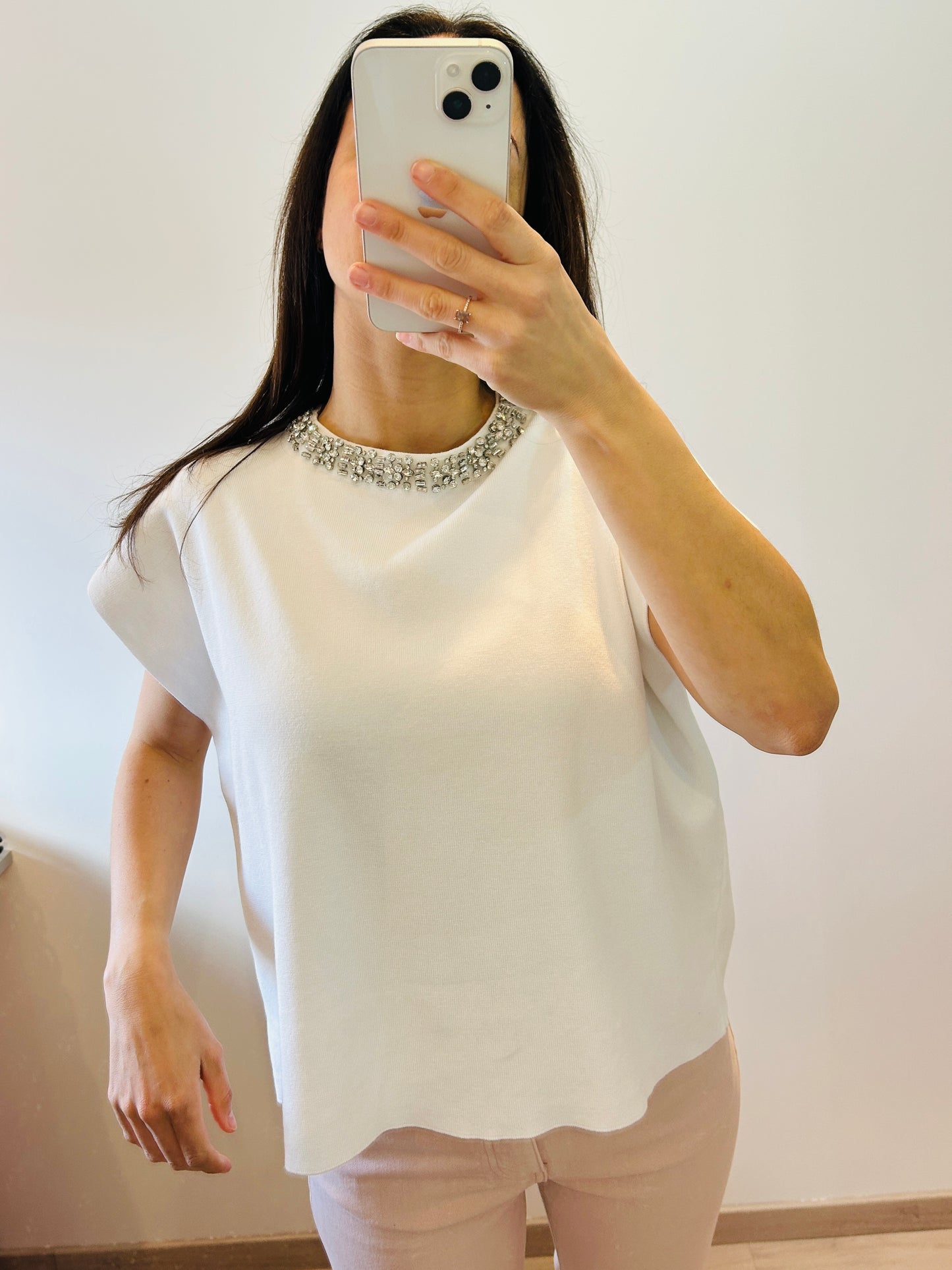 Top pink short sleeves with rhinestone collar