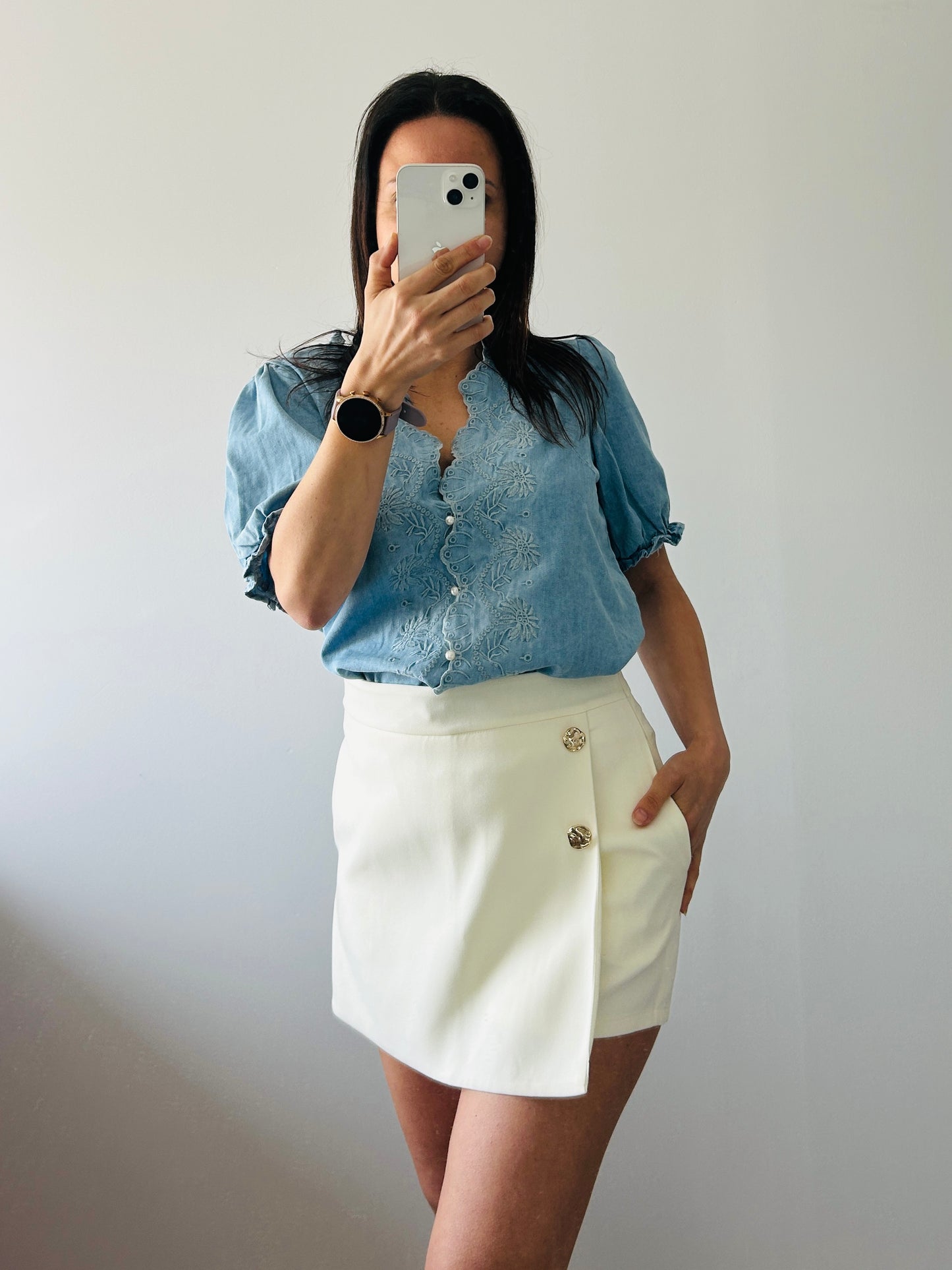 Embroidered denim blouse
