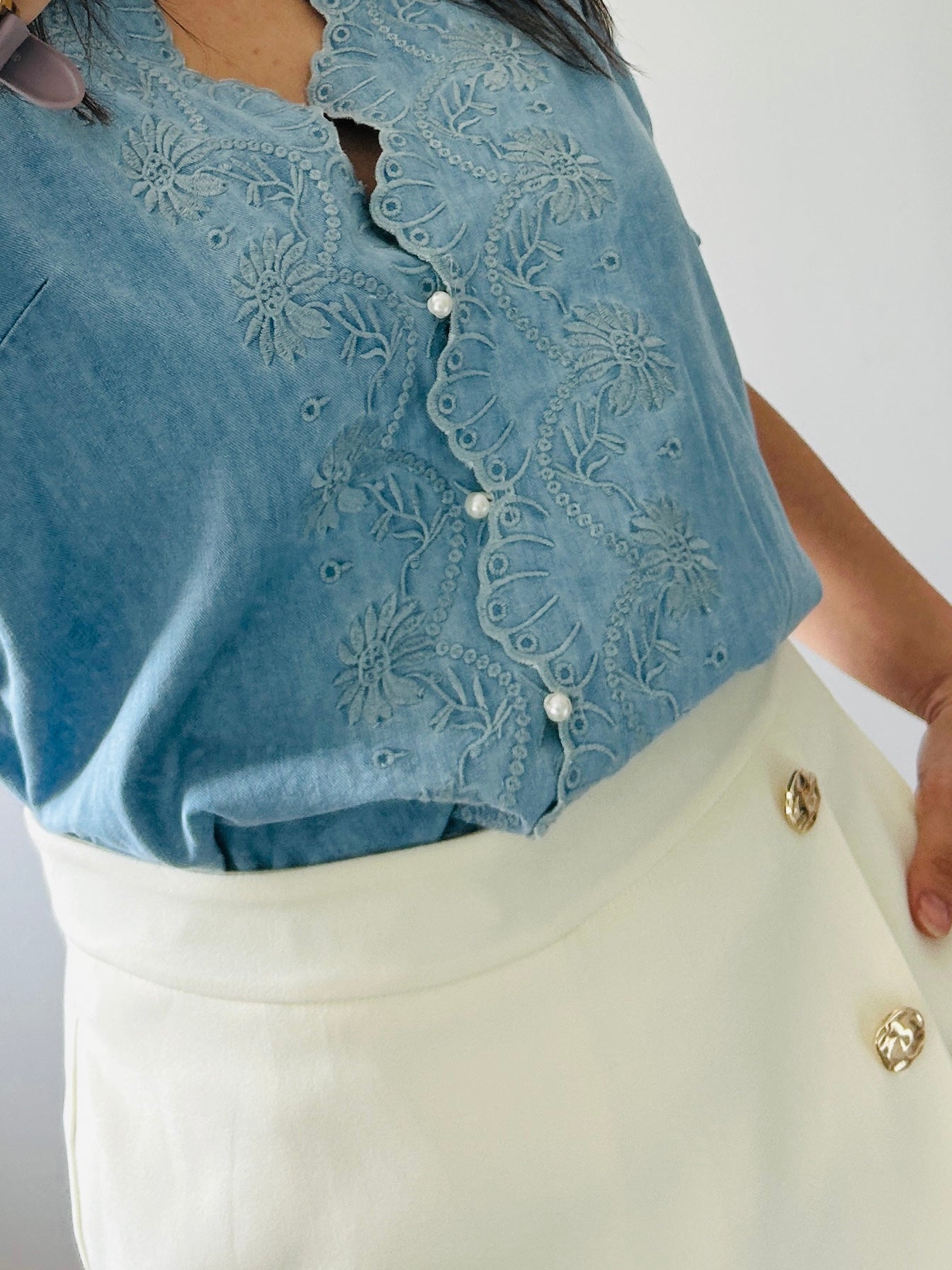 Embroidered denim blouse