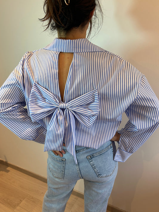 Oversized striped blouse with bow on the back blue