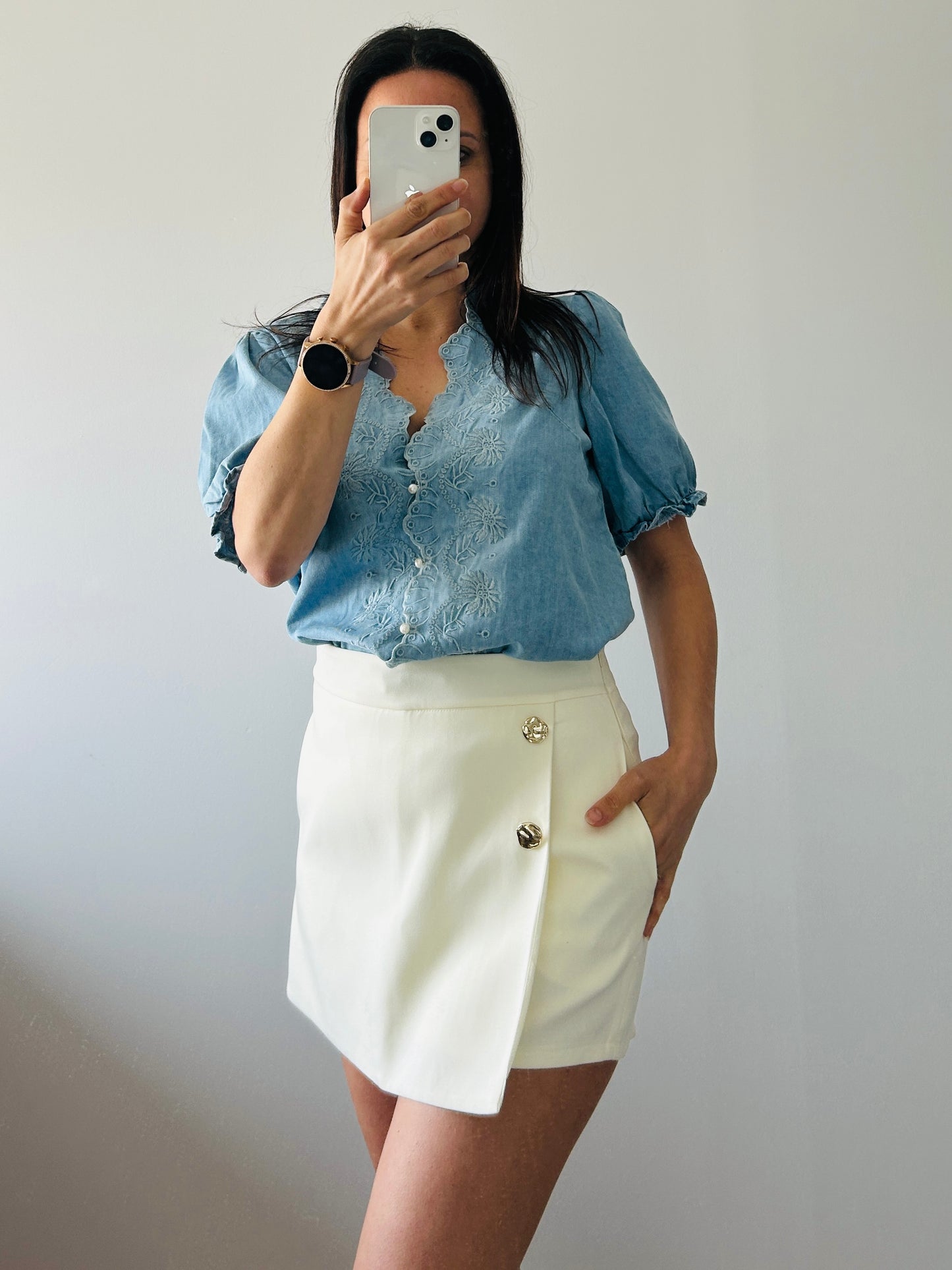 Embroidered denim blouse