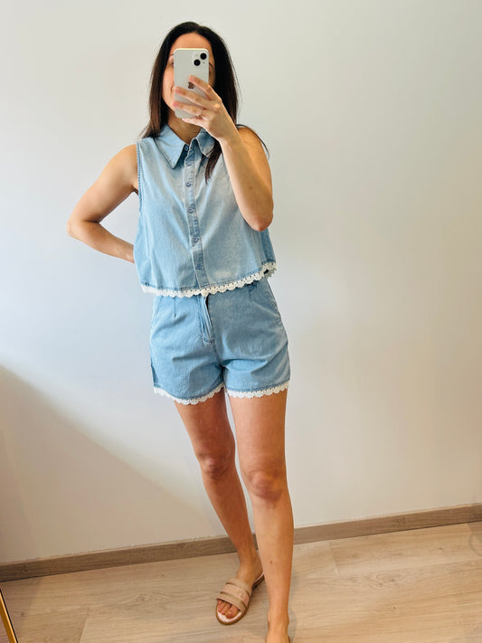Denim short with lace detail