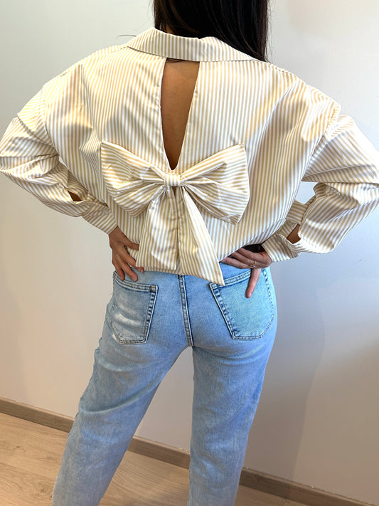 Oversized striped blouse with bow on the back beige